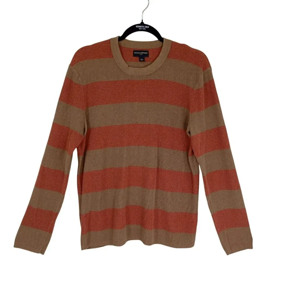 Banana Republic Sweater Mens Striped L Brown & Red 100% Cotton Crewneck